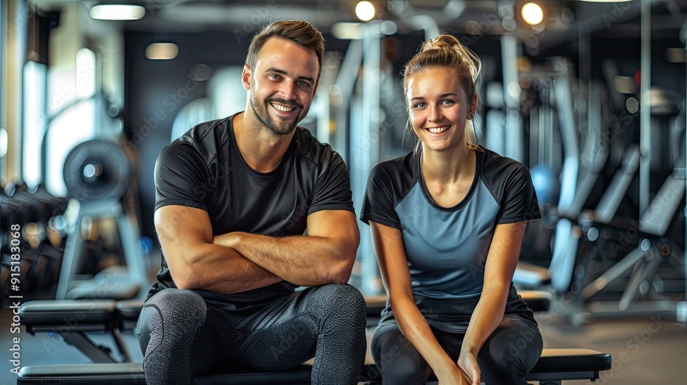 man and a woman in a gym, sitting on workout benches and smiling man and a woman in a gym, sitting on workout benches and smiling