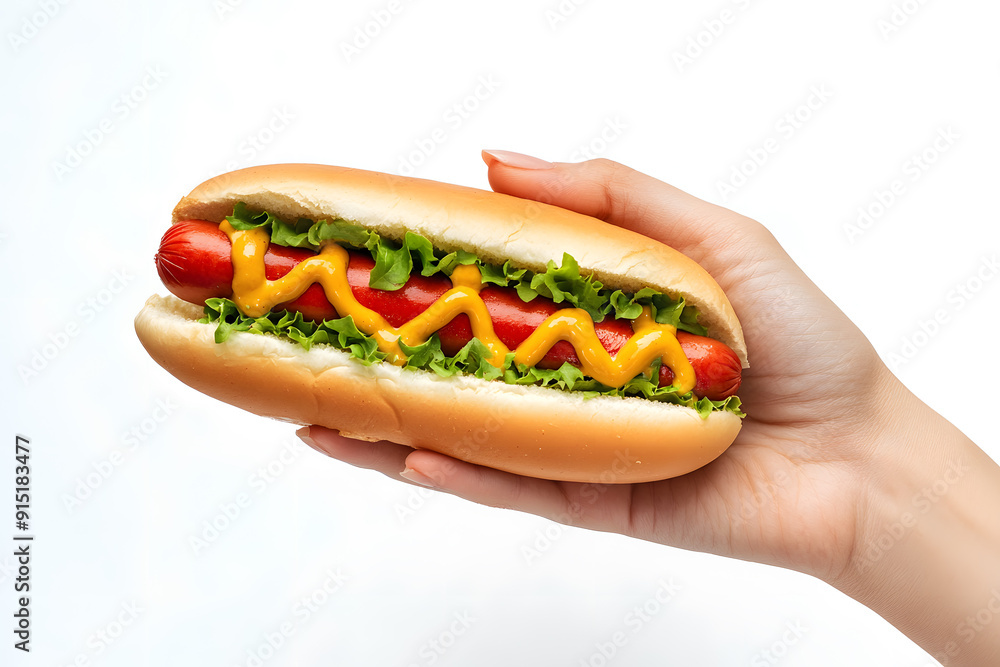 A hand holding a hotdog with ketchup and mustard isolated on a white background