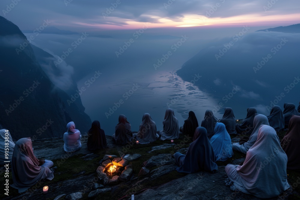 Naklejka premium Several people draped in neutral-toned cloaks sit in a meditative gathering atop a cliffside, providing a sweeping view of the valley below at twilight. The scene conveys peace.