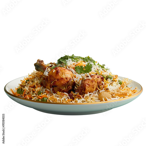 Delicious vegetable chicken biryani plate close up, top view, isolated on transparent background, cut out
 photo