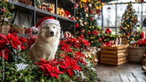 A Samoyed dog adorned with a Santa hat sits among red poinsettia plants in a warmly decorated shop filled with festive decor photo