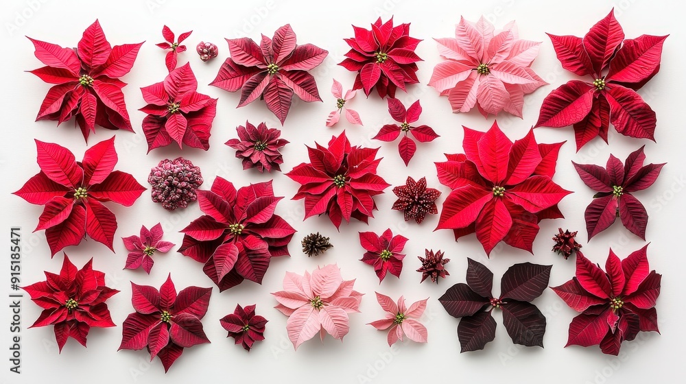 Bright red and pink poinsettias are artistically arranged on a white surface, showcasing their festive beauty and seasonal charm Bright red and pink poinsettias are artistically arranged on a white surface, showcasing their festive beauty and seasonal charm