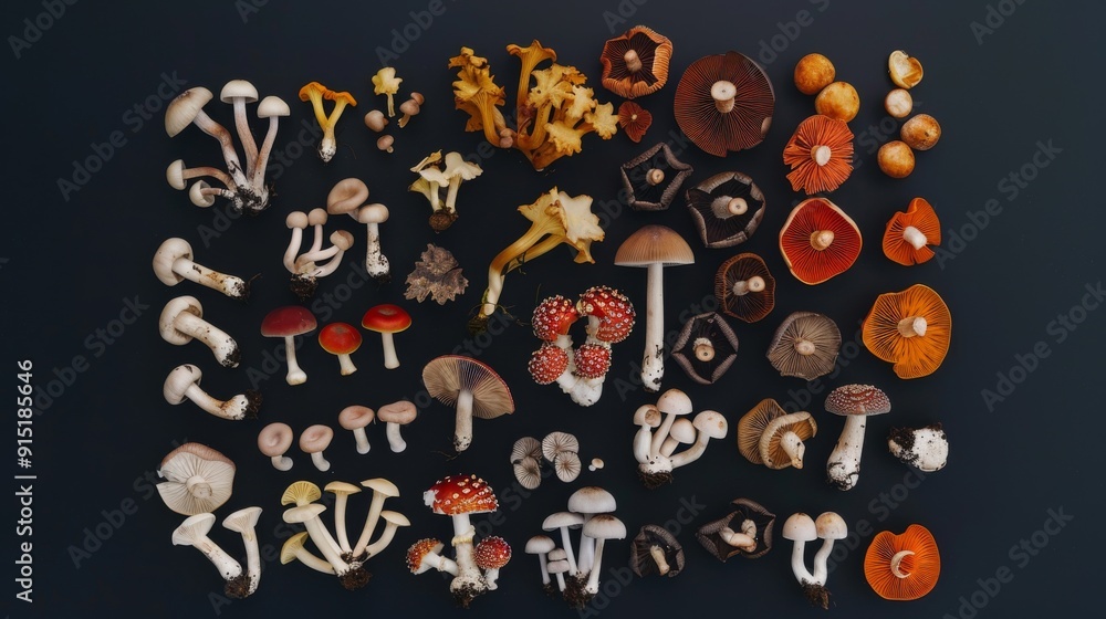 A beautifully arranged collection of mushrooms of various shapes, sizes, and colors lies on a dark surface, showcasing the diversity of the fungi kingdom. A beautifully arranged collection of mushrooms of various shapes, sizes, and colors lies on a dark surface, showcasing the diversity of the fungi kingdom.
