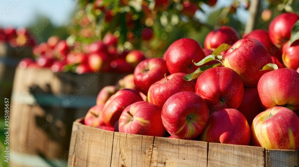 Fresh red apples in wooden barrels at an orchard. Fresh red apples in wooden barrels at an orchard.
