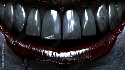 A Close-Up of a Smiling Mouth with Sharp Teeth and Red Lipstick