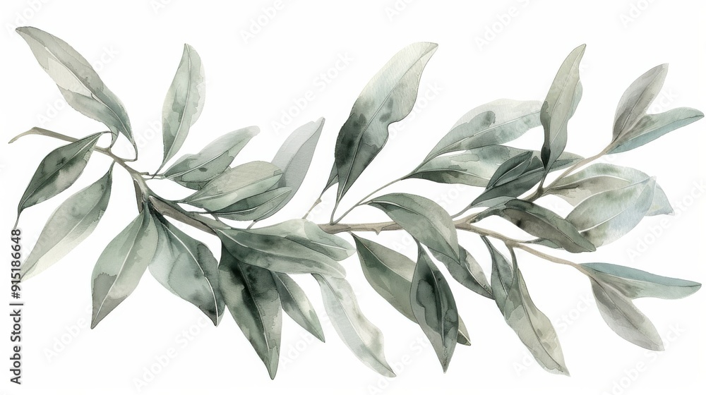 Obraz premium A watercolor painting of a branch with green leaves. The leaves are painted in a realistic style, with shades of green and a hint of gray. The branch is depicted in a simple, elegant way, showcasing t
