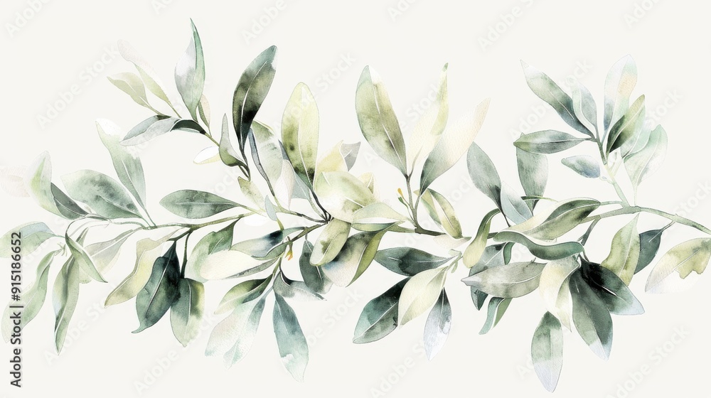 A watercolor painting of an olive branch with green leaves against a white background. The leaves are painted in shades of green and yellow, with some of the leaves overlapping each other. The paintin A watercolor painting of an olive branch with green leaves against a white background. The leaves are painted in shades of green and yellow, with some of the leaves overlapping each other. The paintin