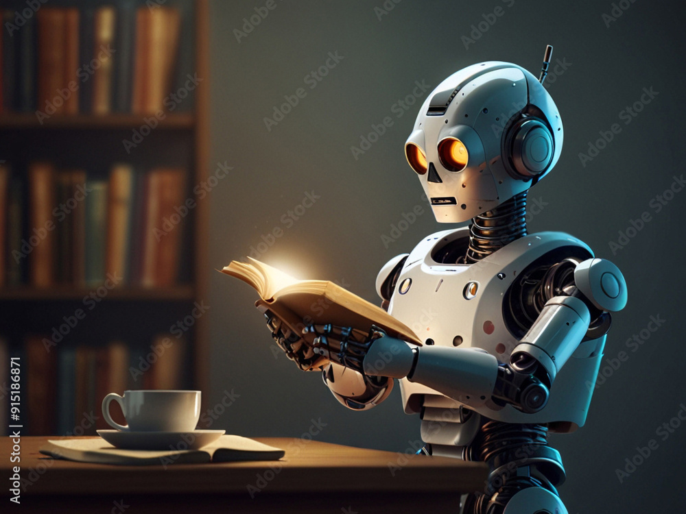 Fototapeta premium Futuristic Robot Reading a Book in a Library