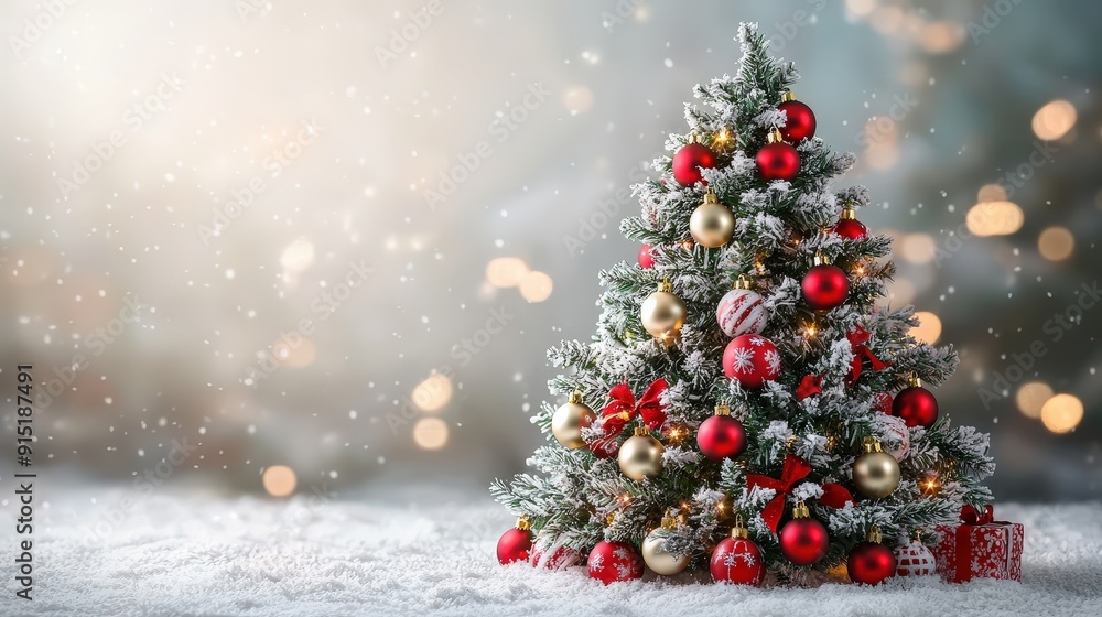 The festive tree lights up the snowy landscape with vibrant decorations, creating a warm holiday atmosphere The festive tree lights up the snowy landscape with vibrant decorations, creating a warm holiday atmosphere