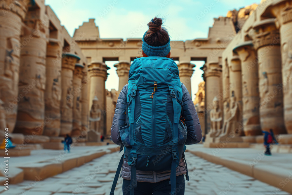 Fototapeta premium Back view of a woman with a backpack exploring ancient temple ruins, highlighting the majestic columns, historic architecture, and the awe-inspiring feeling of human history and exploration.