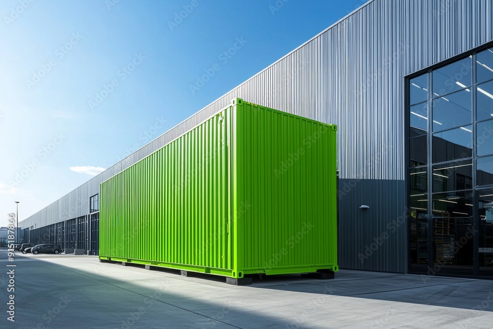 A contemporary grey industrial complex with clean lines and large grey warehouses is punctuated by a single, vividly colored green shipping container, providing a focal point in the muted environment. A contemporary grey industrial complex with clean lines and large grey warehouses is punctuated by a single, vividly colored green shipping container, providing a focal point in the muted environment.