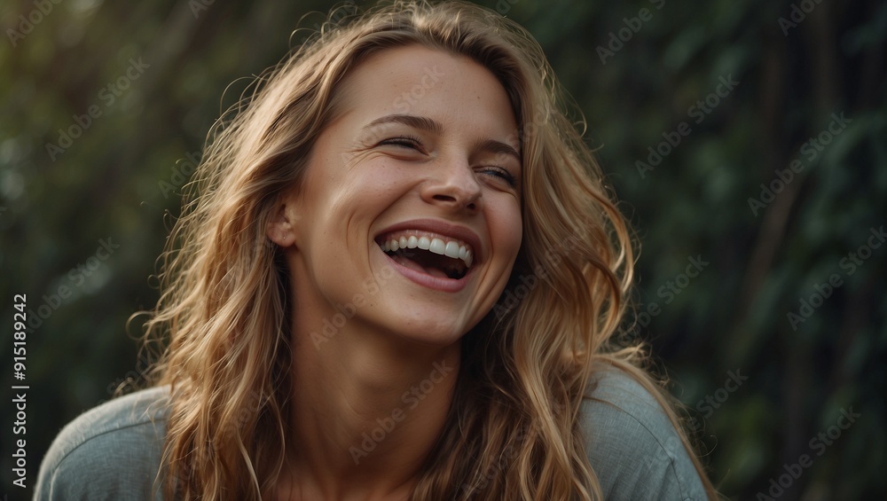Blonde woman laughing joyfully outdoors in nature scene. Blonde woman laughing joyfully outdoors in nature scene.