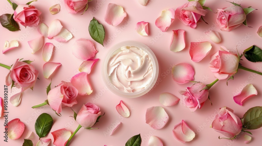 Rose-based homemade cosmetics on pink background benefit skin health. Rose-based homemade cosmetics on pink background benefit skin health.