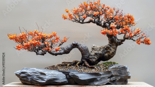 A Root over rock Bonsai featuring the striking roots of a tree, displayed against a neutral background photo