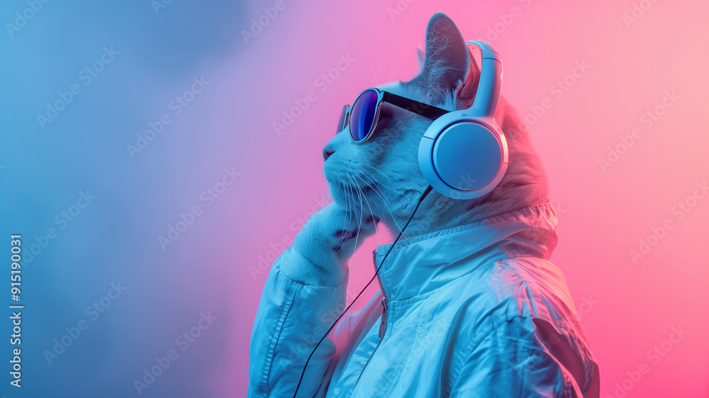 Fantasy character with a cat head wearing sunglasses and headphones Fantasy character with a cat head wearing sunglasses and headphones