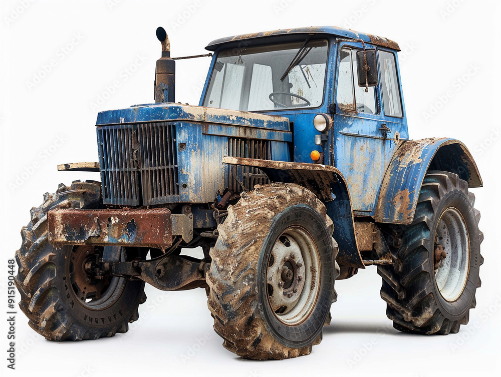 Old blue tractor with rust and worn tires parked in an open field during daylight hours Old blue tractor with rust and worn tires parked in an open field during daylight hours