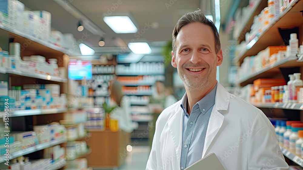 Pharmacist consulting with a patient at the counter, discussing medication Pharmacist consulting with a patient at the counter, discussing medication