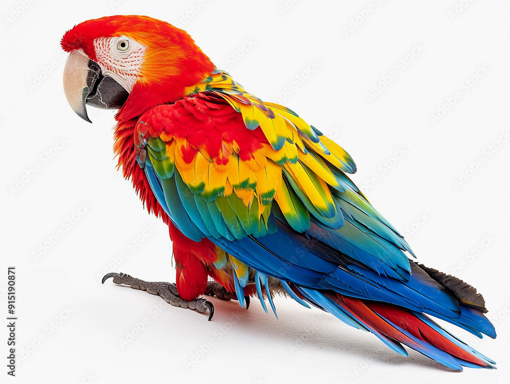 Fototapeta premium Brightly colored macaw perched with vibrant feathers showcasing red, yellow, and blue hues against a white background