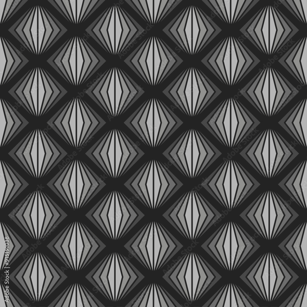 Seamless geometric pattern in shades of gray consisting of overlapping striped diamond shapes. Suitable for textile designs, tiles, wallpapers, backgrounds, etc. Seamless geometric pattern in shades of gray consisting of overlapping striped diamond shapes. Suitable for textile designs, tiles, wallpapers, backgrounds, etc.
