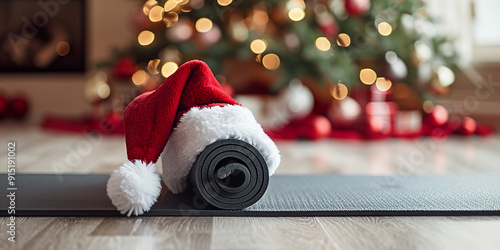 A Rolled-Up Yoga Mat Topped with a Santa Hat. photo