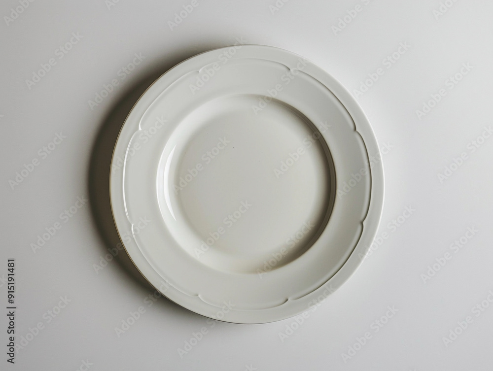 A plain white dinner plate on a minimalist table surface A plain white dinner plate on a minimalist table surface