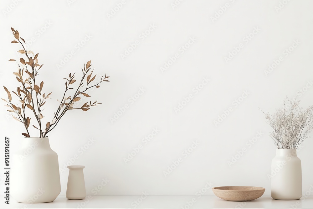 Minimalist home decor with white vases, dry branches, and small bowl on a white background, creating a clean and serene aesthetic. Minimalist home decor with white vases, dry branches, and small bowl on a white background, creating a clean and serene aesthetic.