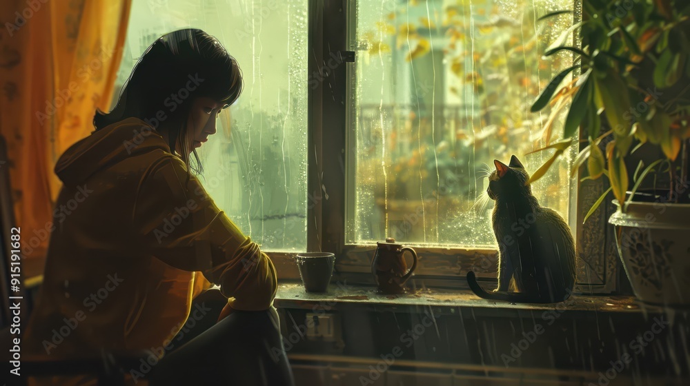 Woman and cat. Domestic Bliss: peaceful, cozy environment of home life with a beloved pet. Woman and cat. Domestic Bliss: peaceful, cozy environment of home life with a beloved pet.