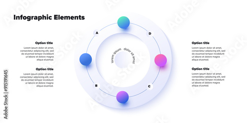 Business process chart infographics with 4 step spheres. Round workflow graphic elements. Company flowchart presentation slide. Vector info graphic in isometric design