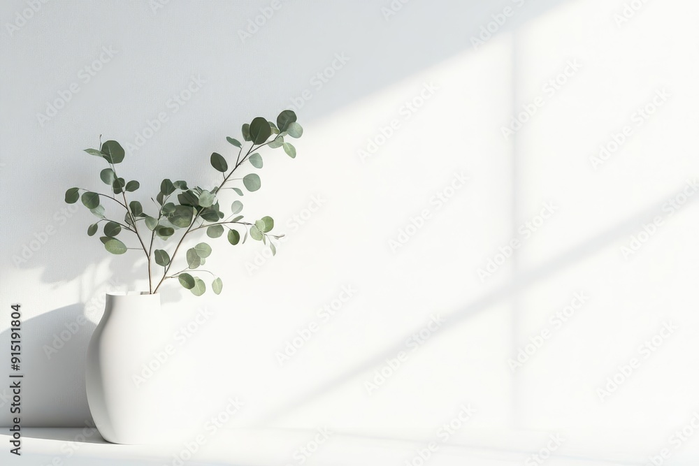 Minimalistic white vase with green leaves in bright, sunny room. Perfect for modern, contemporary interior design inspiration. Minimalistic white vase with green leaves in bright, sunny room. Perfect for modern, contemporary interior design inspiration.