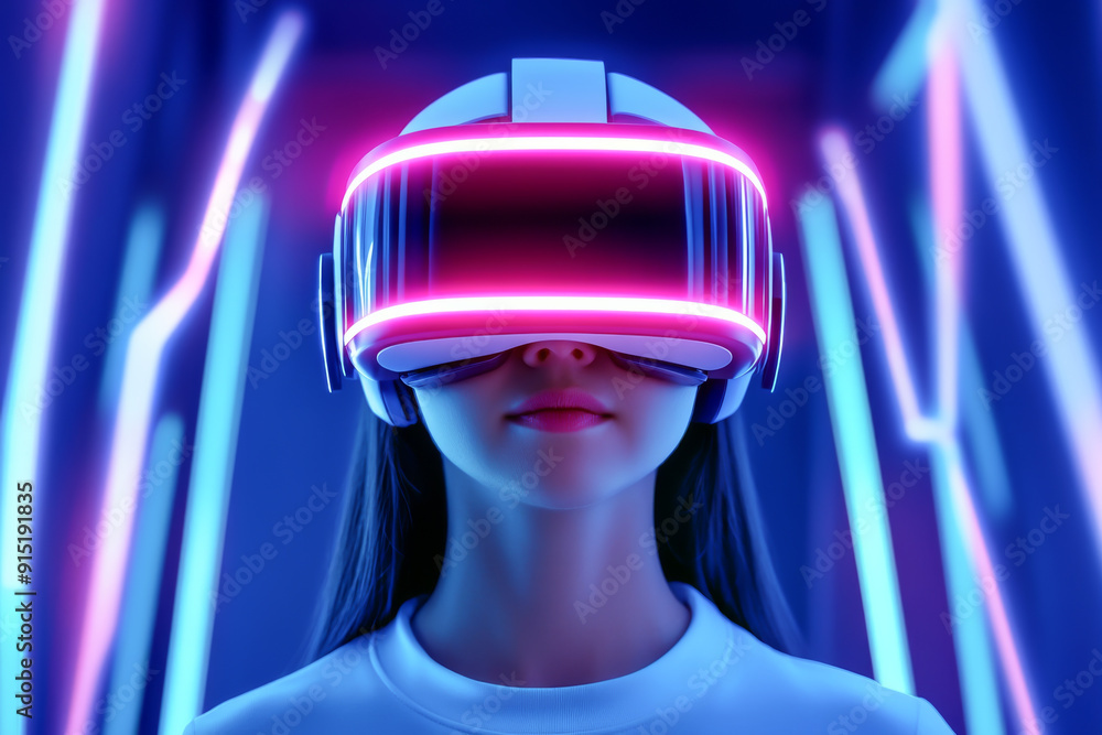 A person wearing a futuristic VR headset amid vibrant neon lights, showcasing the immersive world of virtual reality technology. A person wearing a futuristic VR headset amid vibrant neon lights, showcasing the immersive world of virtual reality technology.