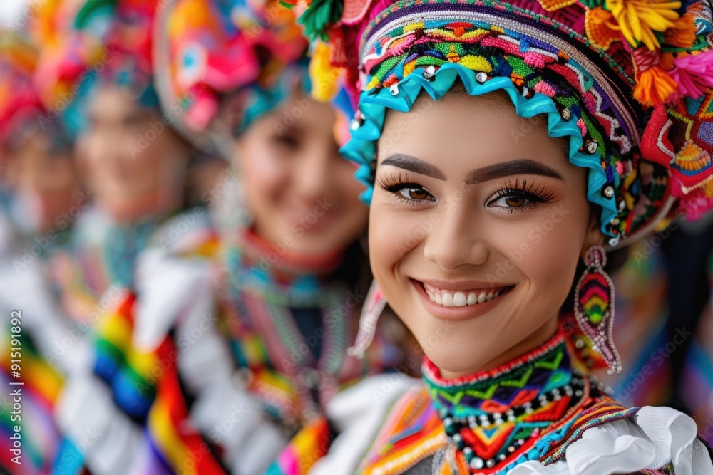 Fototapeta premium A woman in traditional, brightly colored attire smiles warmly during a cultural celebration, standing out joyfully against a background of other participants in similar dress.