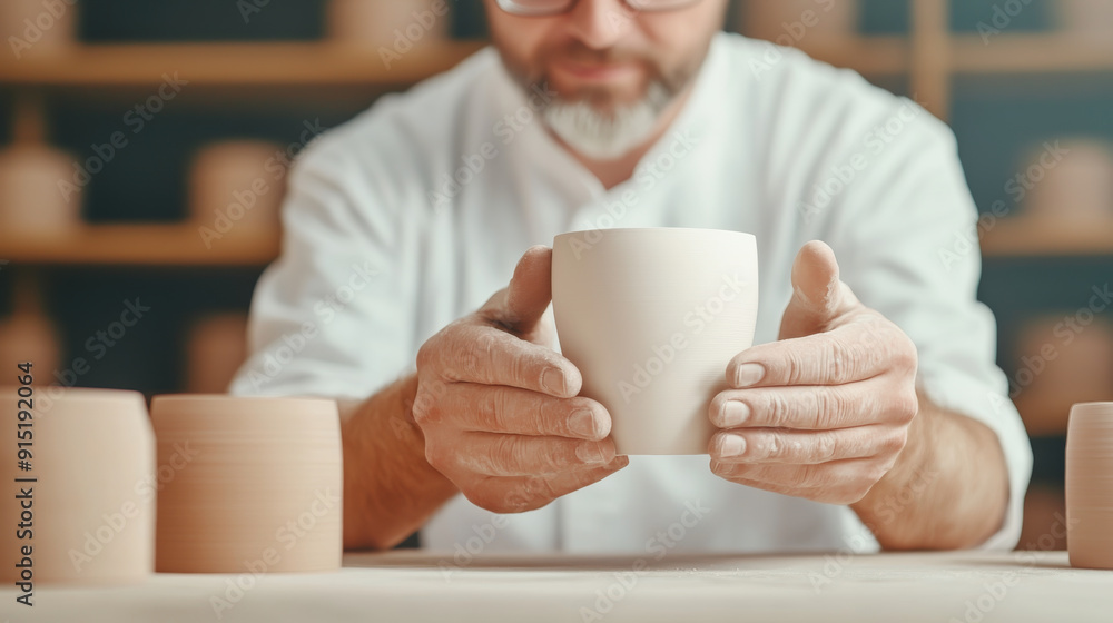 A skilled artisan examines a handcrafted ceramic cup with pride, showcasing the intricate process of pottery. A skilled artisan examines a handcrafted ceramic cup with pride, showcasing the intricate process of pottery.
