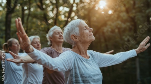 A group of older women are practicing yoga in a forest