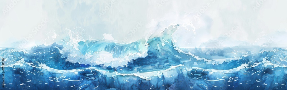 An abstract watercolor painting depicts a large, cresting ocean wave. The wave is painted in shades of blue and white, with the crest of the wave appearing white and foamy. The background of the paint An abstract watercolor painting depicts a large, cresting ocean wave. The wave is painted in shades of blue and white, with the crest of the wave appearing white and foamy. The background of the paint