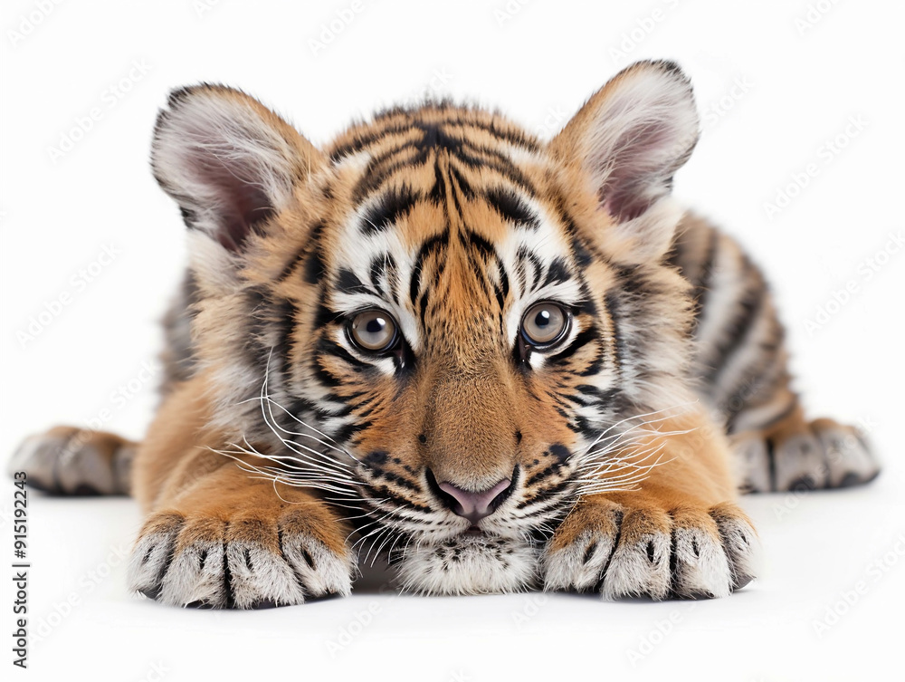 Fototapeta premium Young tiger cub lying down with a curious expression, showcasing its distinctive stripes and fluffy fur