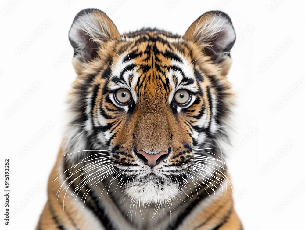 A close-up of a tiger's face showcasing its striking features and intense gaze against a contrasting white background A close-up of a tiger's face showcasing its striking features and intense gaze against a contrasting white background