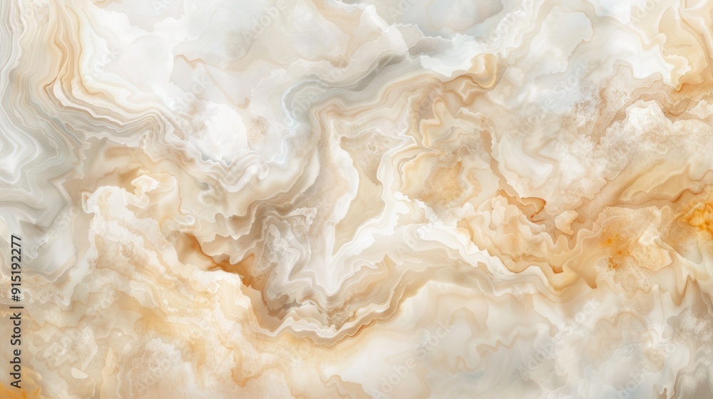 A close-up view of a smooth, polished marble stone with swirling veins of white, tan, and beige. The pattern is abstract and organic, resembling clouds or waves. The surface is glossy and reflective, 