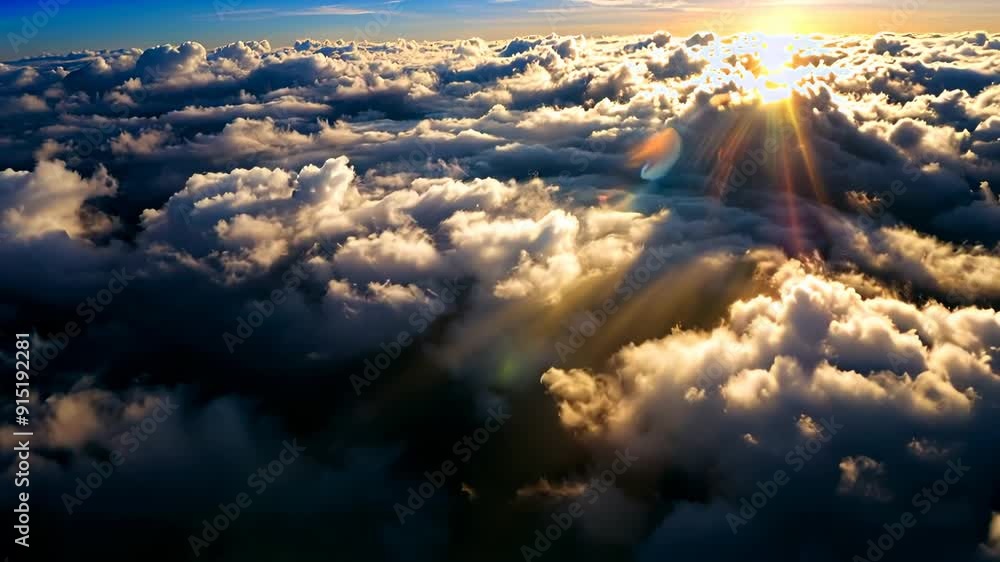 Soaring through a celestial realm, the camera glides above luminous clouds. A timelapse reveals shifting white formations against azure. Golden sunlight pierces cloud gaps