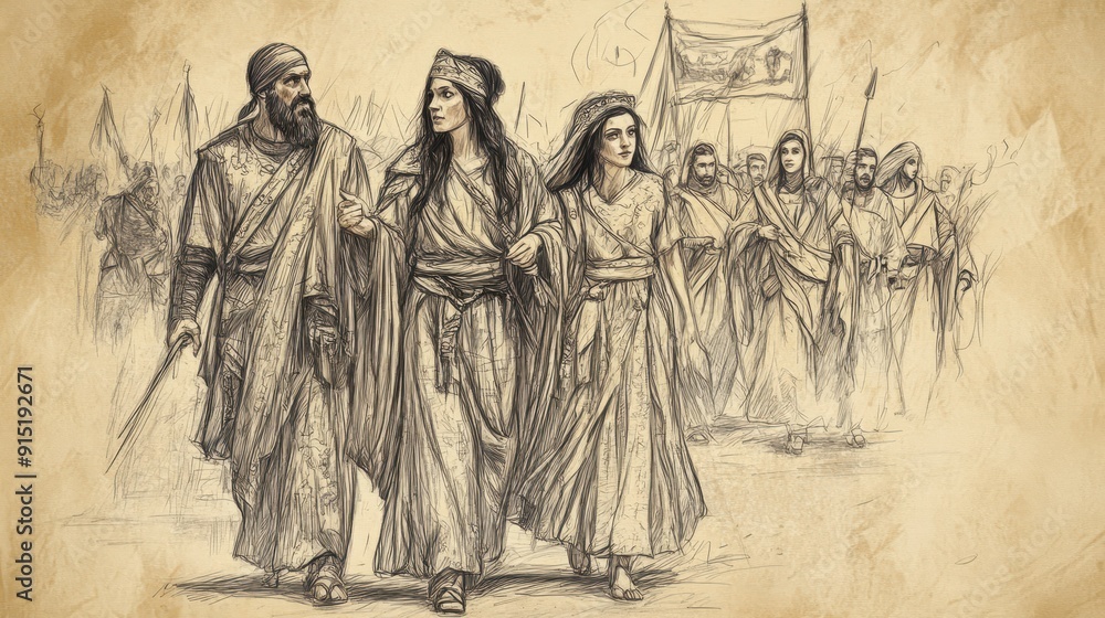 Fototapeta premium Biblical Illustration of Judges: Jephthah’s Victory and Vow, Solemn Return of Jephthah’s Daughter to Father, Ready to Fulfill Vow, Bible Wall Art on Beige Background