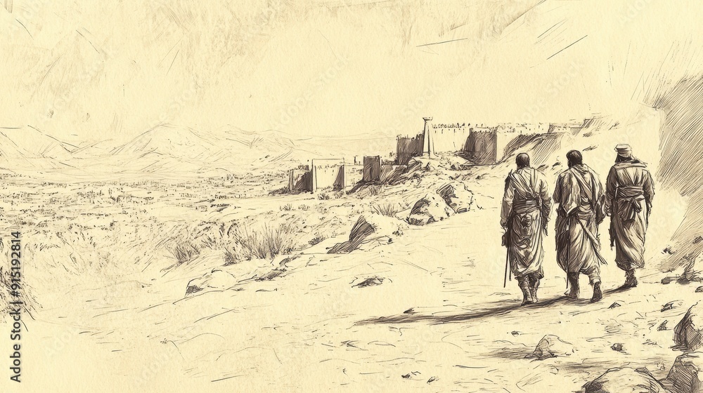 Naklejka premium Biblical Illustration of Judges: Danites Seek New Territory, Spies Exploring Peaceful and Prosperous Land of Laish, Inhabited by Unsuspecting People, Bible Wall Art on Beige Background