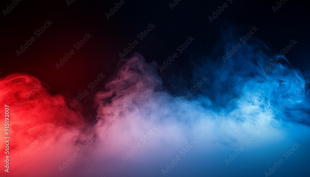 Obraz premium Abstract Gradient Smoke in Motion. Vivid Red and Blue Mist Clouds Colliding and Dissipating Against a Black Background. Patriotic Themed Background For Political Topics USA Flag Colors Election Vote