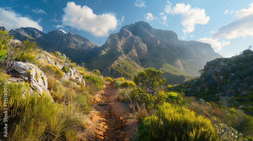 Naklejka premium Scenic hiking trail stunning mountain backdrop, natural adventurous