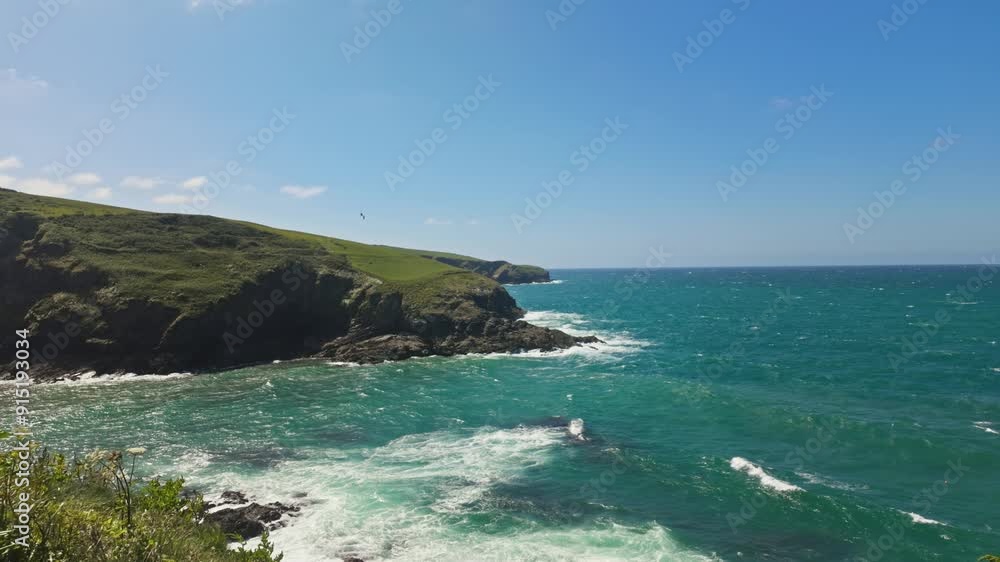 View looking down on sea and coastline, foliage in foreground, sunny day View looking down on sea and coastline, foliage in foreground, sunny day