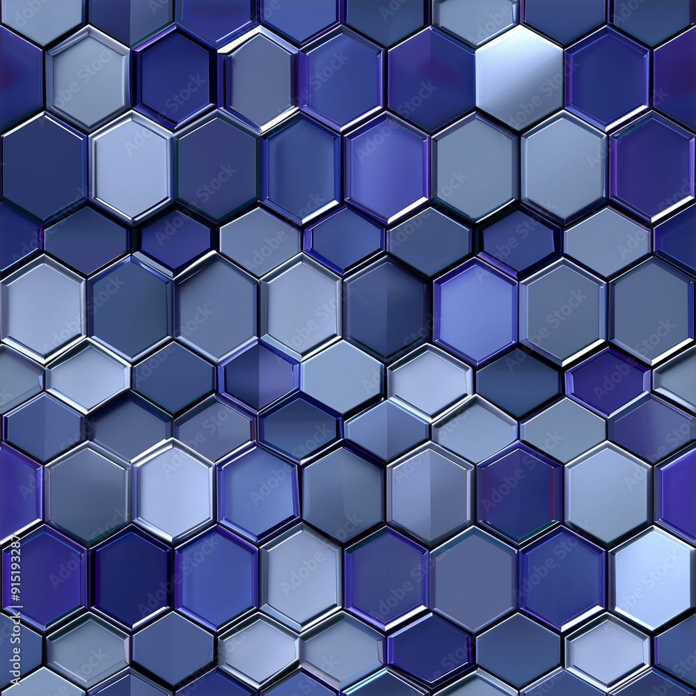 Blue hexagonal pattern with metallic, reflective surfaces creating a geometric design. Blue hexagonal pattern with metallic, reflective surfaces creating a geometric design.