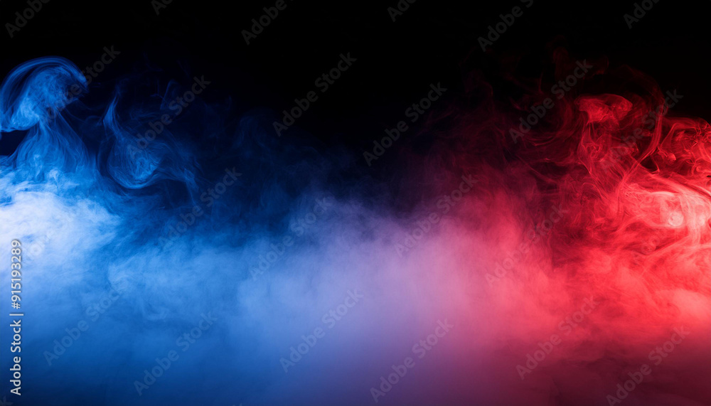 Fototapeta premium Abstract Gradient Smoke in Motion. Vivid Red and Blue Mist Clouds Colliding and Dissipating Against a Black Background. Patriotic Themed Background For Political Topics USA Flag Colors Election Vote