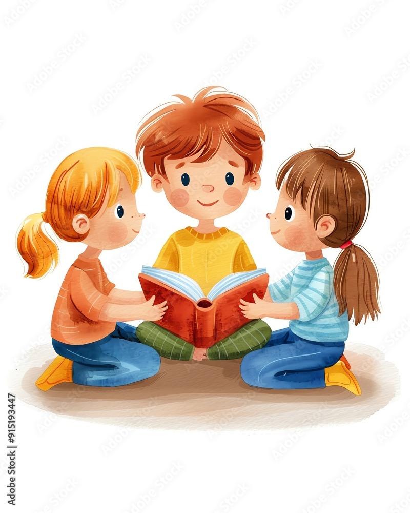 Three children engaged in reading a book together, showcasing friendship and collaboration in learning. Three children engaged in reading a book together, showcasing friendship and collaboration in learning.