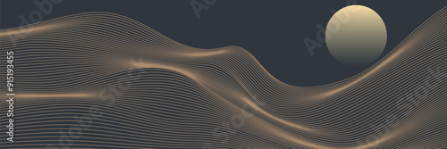 Vector abstract art landscape mountain with birds and sunrise with gold line art texture isolated on dark gray black background. eps10