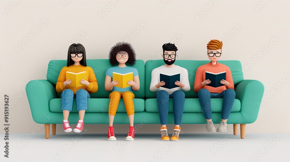 Fototapeta premium Diverse Reading Group - Flat Design Illustration of Multicultural Members Enjoying Books Together