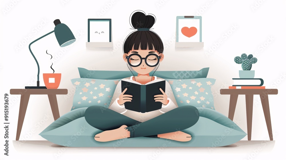 Fototapeta premium Cozy Evening Reading in Bed - Modern Flat Design Illustration of Relaxation and Leisure Time