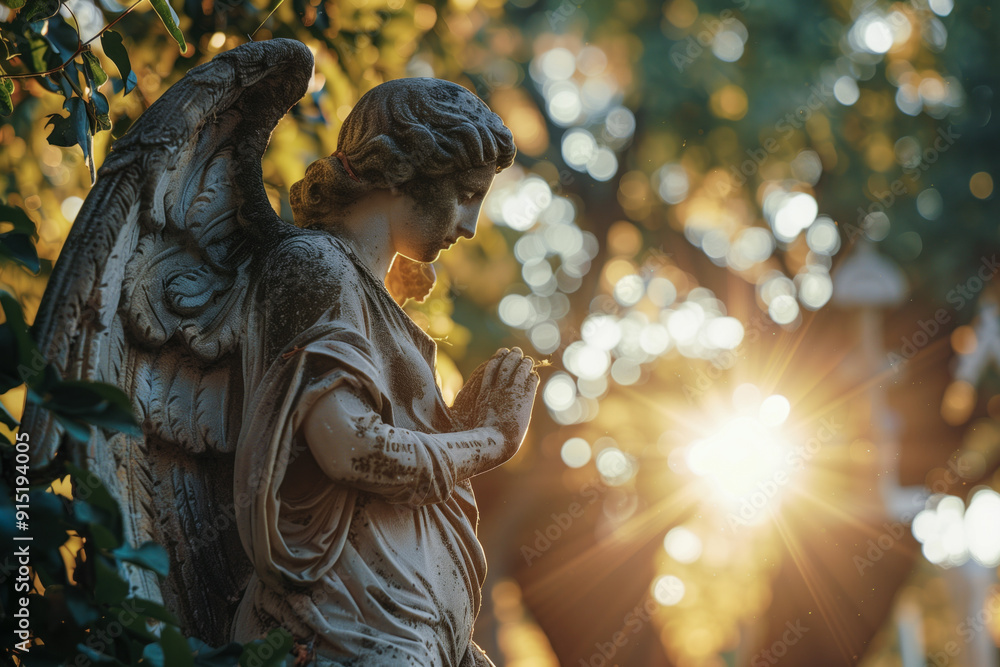 Weathered angel statue in sunlight Weathered angel statue in sunlight
